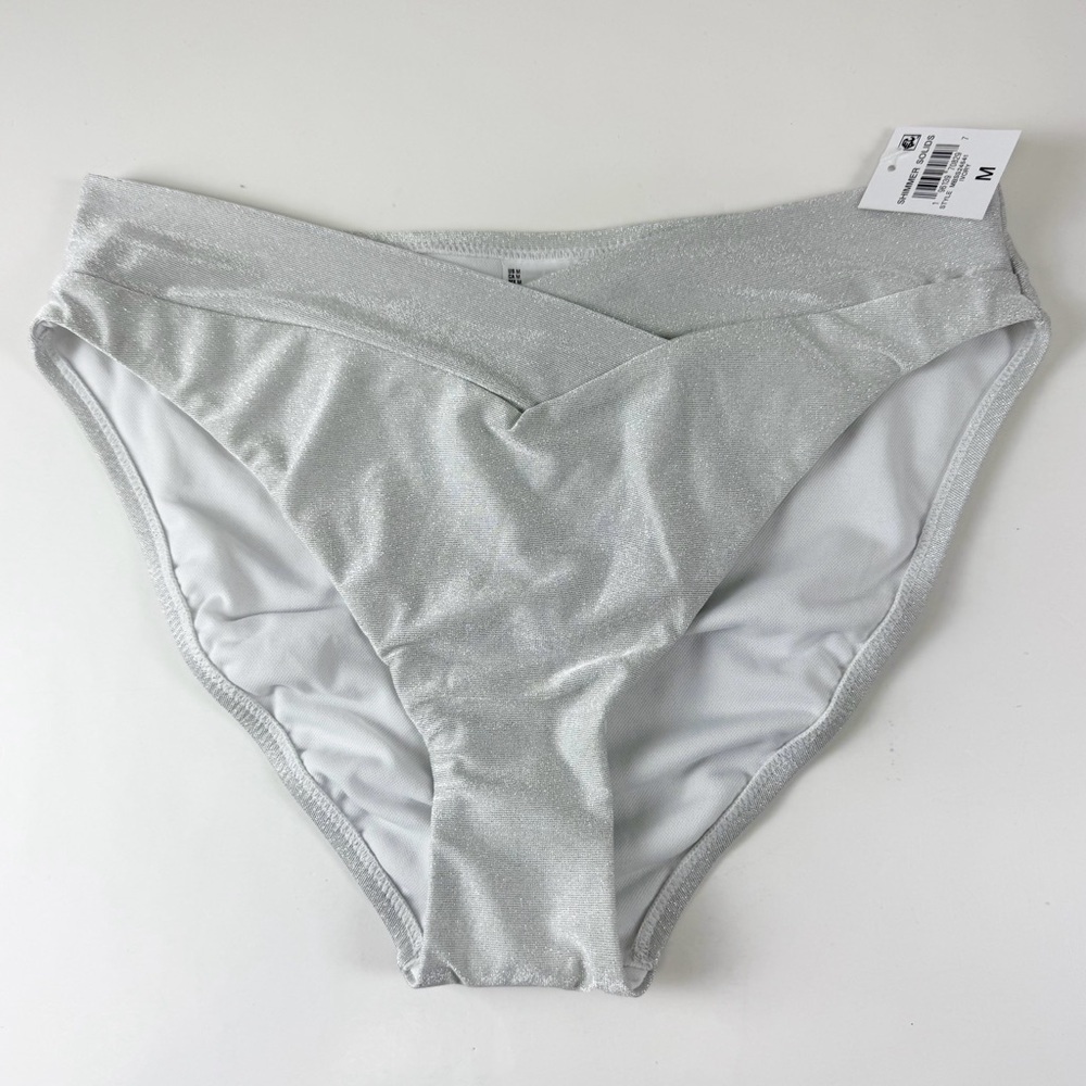 Bar iii Bikini Bottom Womens Medium Ivory Silver Shimmer Solids Metallic NWT